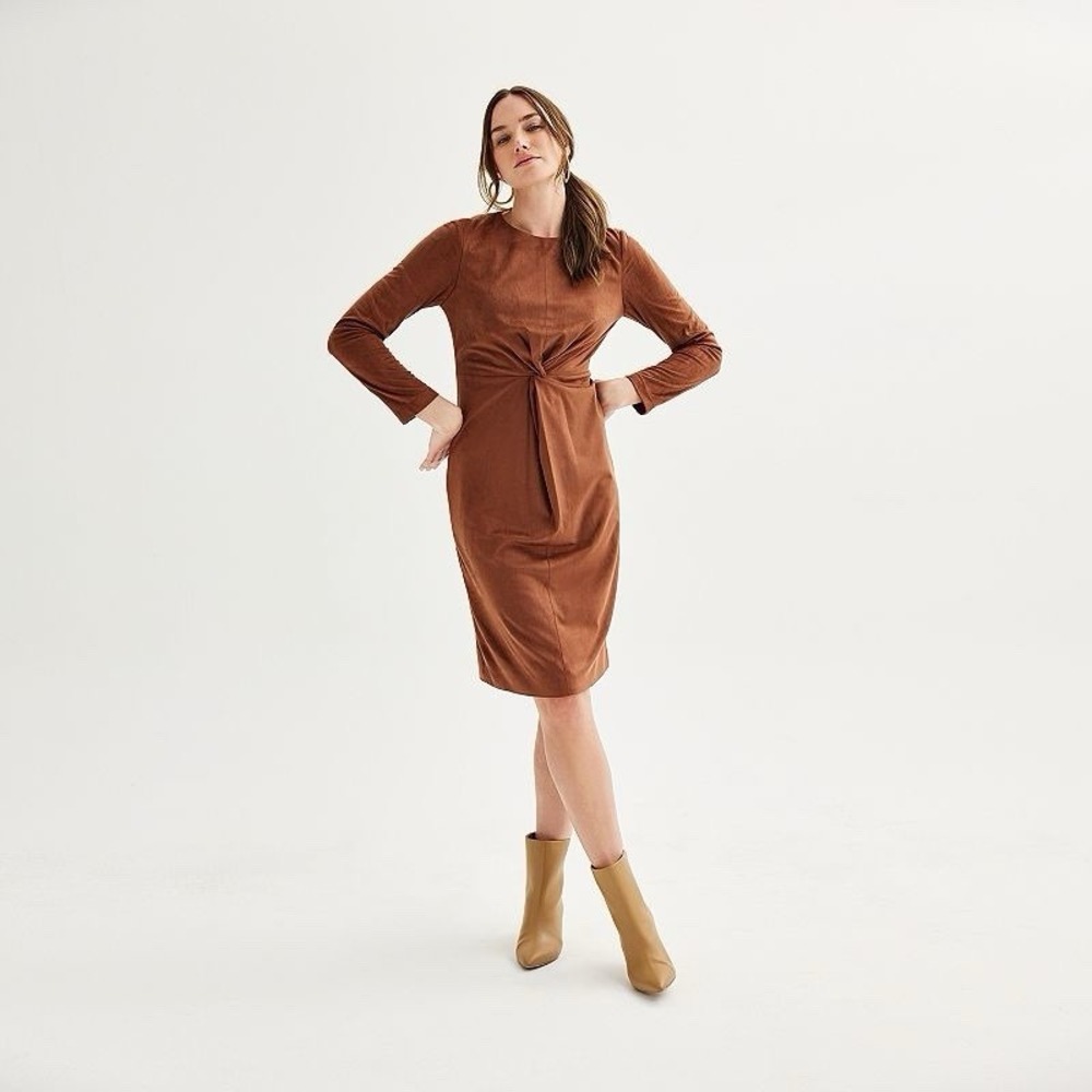 NWT Nicole Miller‎ Women's 8 Faux Suede Long Sleeve Twist Front Dress